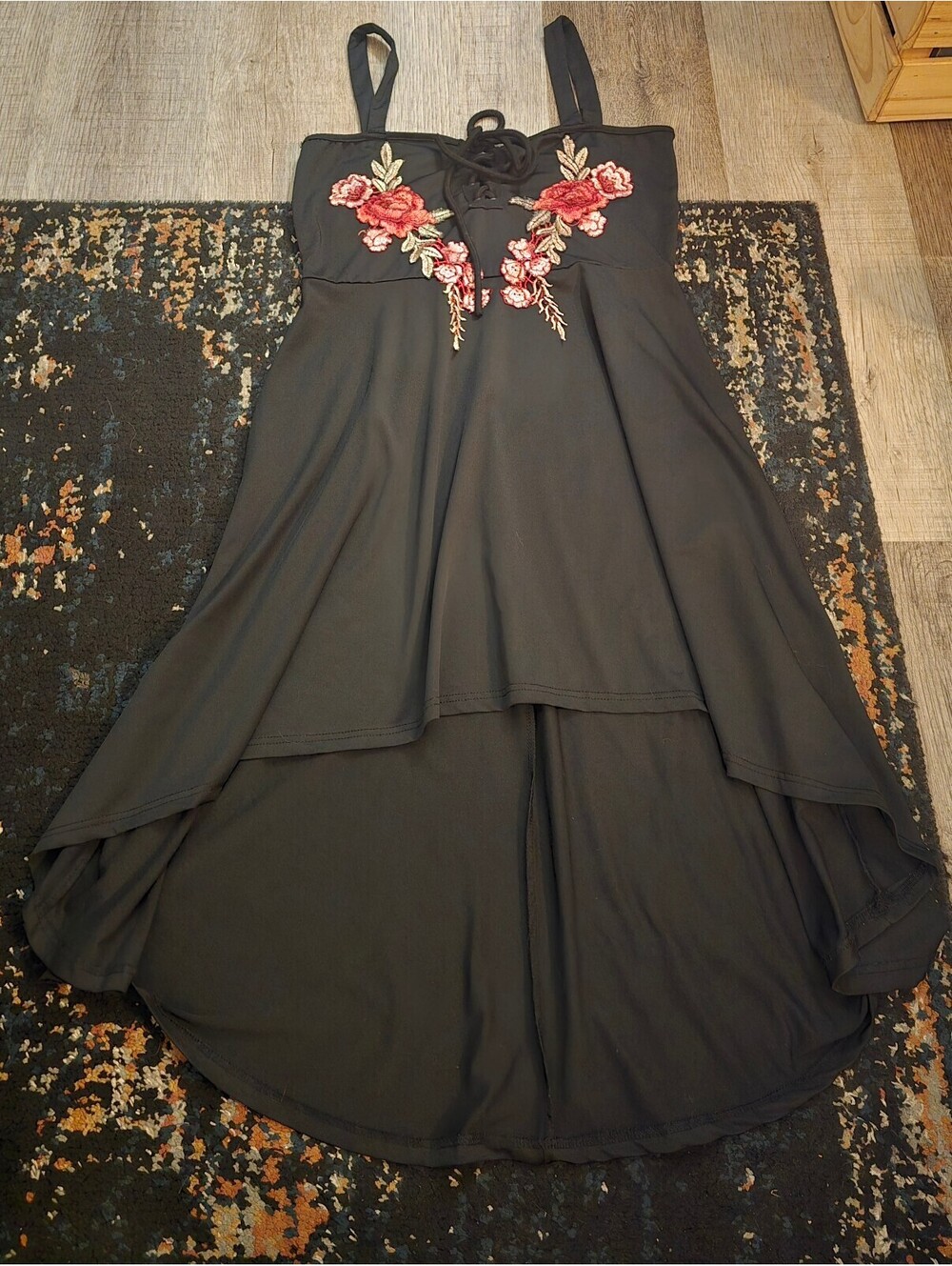 Gothic Floral Embroidered High-Low Corset Dress | Lace-Up Front Black Dress